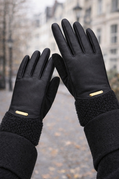 Butik Kadın İçi Polarlı Dokunmatik İşaret Parmak Detaylı Suni Deri Eldiven