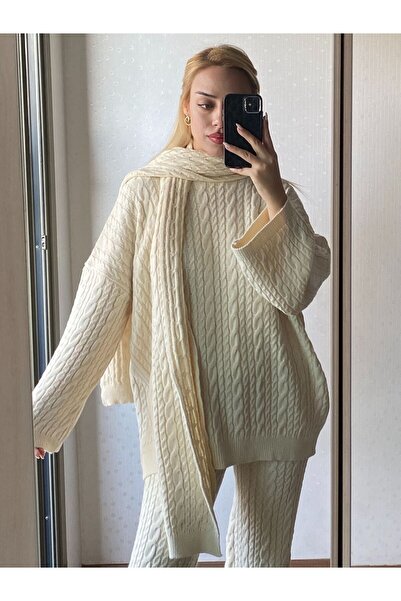 SERAPHINA VELVET 3'LÜ ATKILI KREM TAKIM