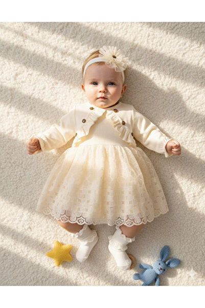 Miniday Baby Kız Bebek Mevlütlük Elbise Bandanalı Dantelli Yeni doğan Hastane...