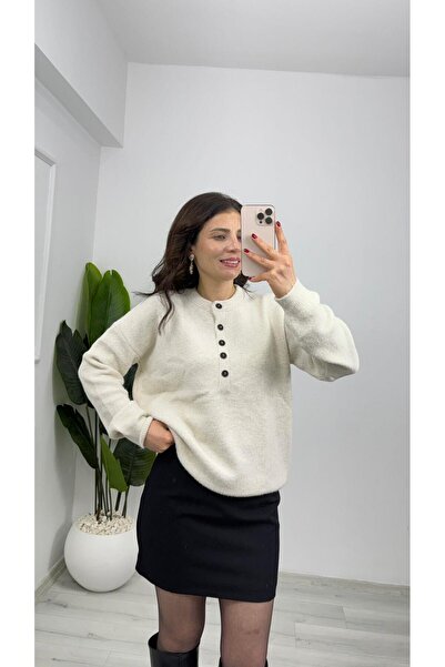 TUNAM BUTİK 5043 Button Detailed Soft Knit Sweater Cream