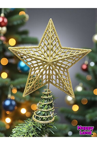 Happyland Yılbaşı Çam Ağacı Süsü Lüks Gold Tepe Yıldızı 23 Cm Ayaklı Gold Simli HPY26019