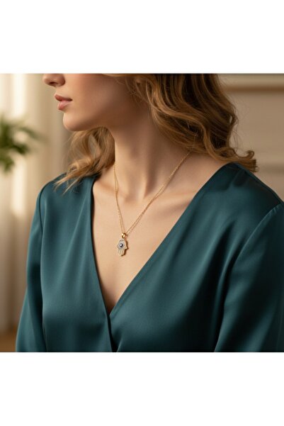 stainless steell قلادة فاطمة من الفولاذ بسلسلة سميكة ذهبية اللون