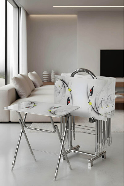 LUMİS GARDEN 4’lü Katlanır Cam Beyaz Yaprak Desenli Çanta Zigon Sehpa – Krom ...