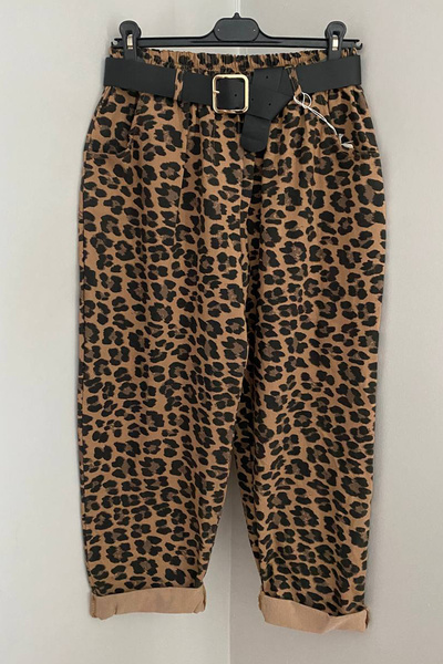 AYASOFYA OTANTIK Women's Italian Elastic Waist Belted Leopard Patterned Side Pocket Oversized Casual Trousers