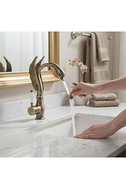 İSAOĞLU YAPI Antique Gold Washbasin Faucet Handmade Custom Design Motif Washbasin Fixture Brass Material