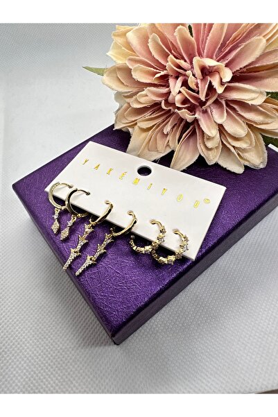 Yakemiyou ZİRKON TAŞLI 3 LÜ ÇAM KOMBİN 6 LI ÇELİK KÜPE SETİ