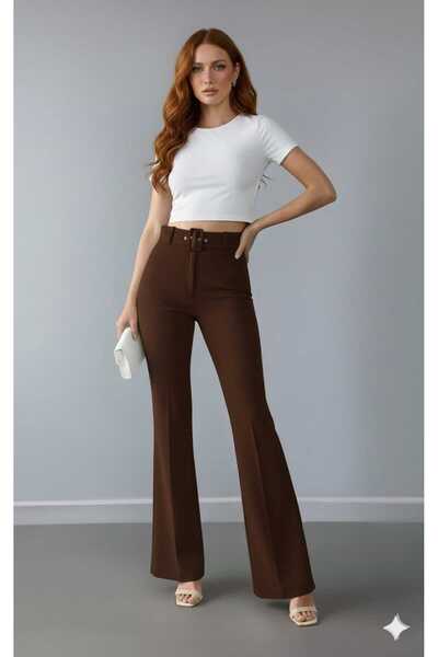 LEXİNWEAR Kadın İspanyol Paça Kemerli Pantolon Hafif Likralı İthal DoubleFace...