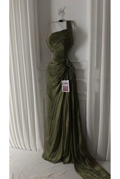 Kendallksa A glamorous metallic olive-colored draped evening dress