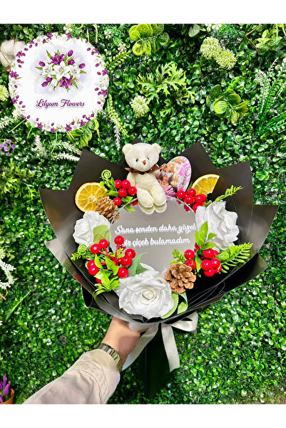 Lilyum Flowers Aynalı Kokina & Beyaz Gül Buketi - Ayıcık ve Yumurta Hediyeli