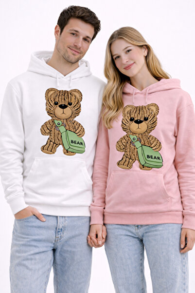 ocke Bear Bear Printed White Pink Double Combination Kangaroo Pocket Oversize...