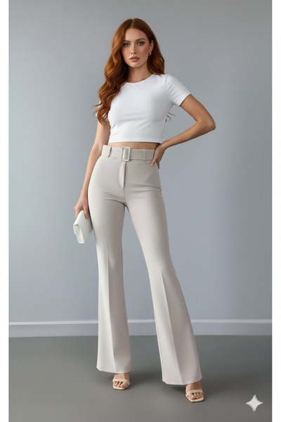 LEXİNWEAR Kadın İspanyol Paça Kemerli Hafif Likralı İthal DoubleFace Kumaş