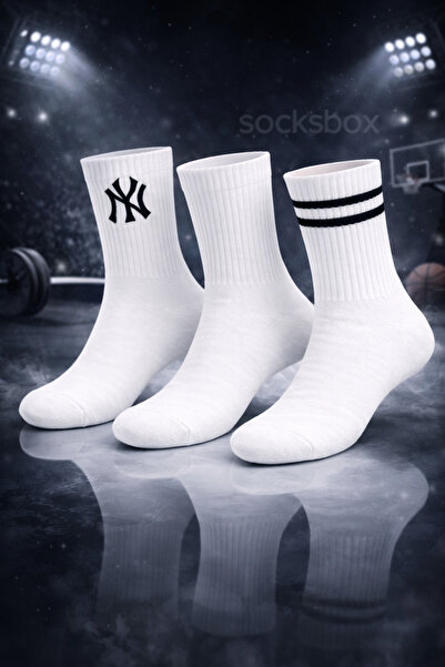 socksbox Set de 3 șosete de tenis albe – șosete sport albe uni, cu dungi negre și logo NY