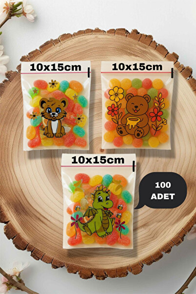 Hyd Ayıcık Aslan ve Ejderha Desenli Bantlı Şeffaf Poşet Hediyelik Yapışkanlı Jelatin 10x15cm 100 Adet