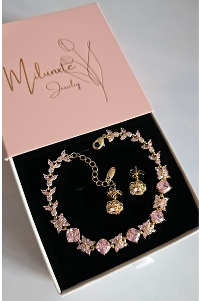 MİLUNXTE Pembe Taşlı Çiçekli Gold Renk Xuping Takı Seti Sevgiliye Hediye Bileklik Küpe