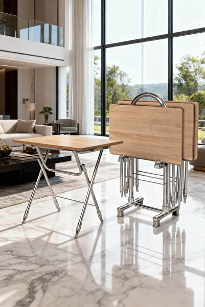 LUMİS GARDEN 4'lü Katlanır MDF Mebran Atlantik Çam Desen Çanta Zigon Sehpa Kr...