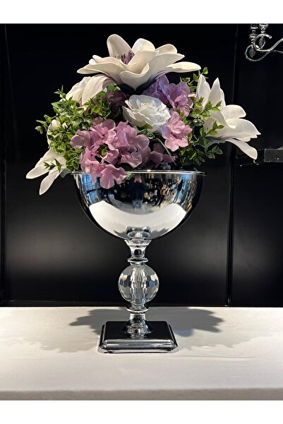 VAZO DEKOR Kristal Küre Detaylı Gümüş Lüks Vazo