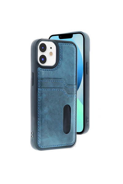 AL - KAR TİCARET حافظة آيفون 11 حافظة جلدية مع حامل بطاقات سارة - أزرق داكن