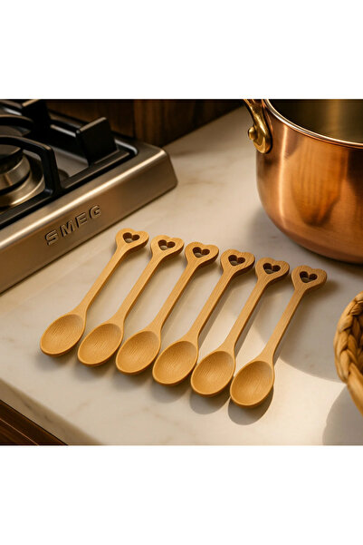 DUD Kalp Saplı Ahşap Bambu 6lı Kaşık Zarif Sunum Kaşıkları