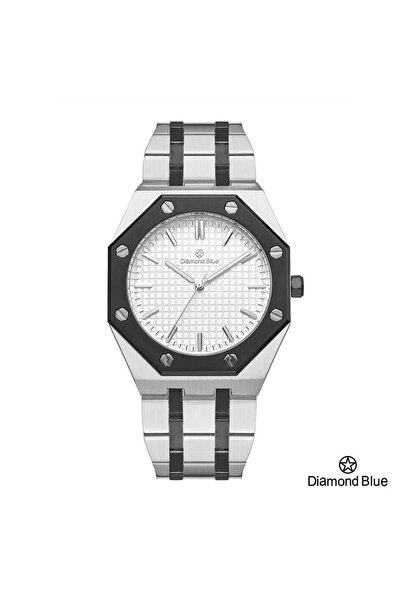 Diamond Blue فخامة دايموند بلو بسور فضي مع تداخل أسود وصحن أبيض بنقوش مربعات بارزة وشكل ثماني.