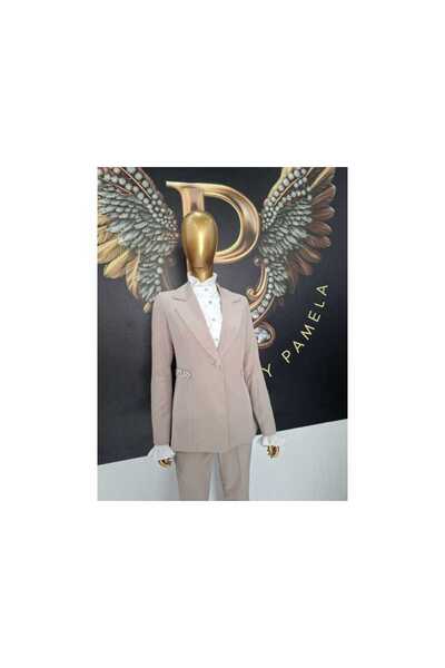 OEM CREAM SUIT WITH LARGE POCKET/LAVELLE RHINESTONE - CREAM, 42