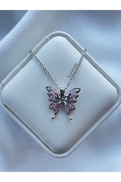 Lavienta قلادة فضية من الفولاذ على شكل فراشة مرصعة بحجر الزركون الوردي