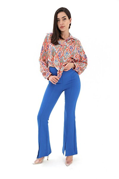 VELİZADE Γυναικείο παντελόνι με ψηλόμεσο σκίσιμο στο τελείωμα, με λεπτομέρειε...