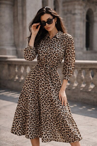 MG GİYİM STORE Kadın Leopar Desenli Kuşaklı Gömlek Yaka Uzun Kollu Midi Elbise