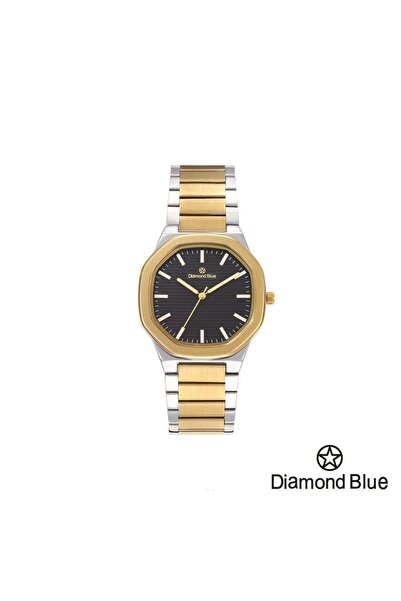 Diamond Blue ساعة دايموند بلو فضي وإطار ذهبي، ميناء أسود فخم وعقارب ذهبية واضحة.
