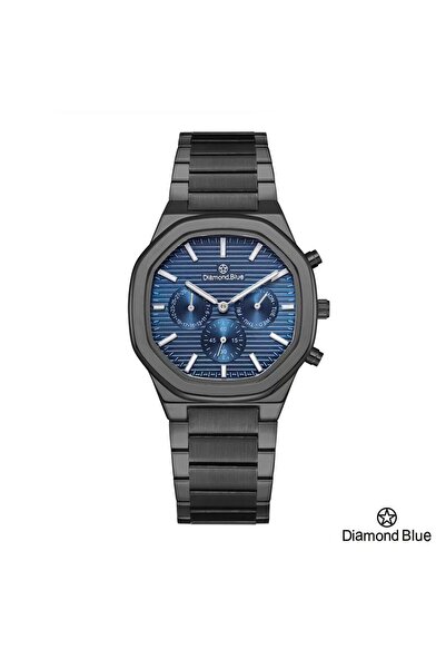 Diamond Blue ساعة دايموند بلو بسور أسود وصحن أزرق، تصميم قوي وعملي مع عدادات زمنية دقيقة.