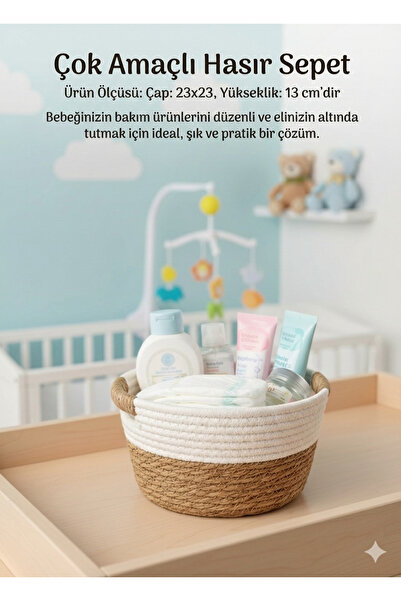 sever ithalat Dekoratif İki Renkli Hasır Örme Sepet Kulplu Çok Amaçlı Düzenleyici (3 Boy Seçeneği - Tekli Satış )