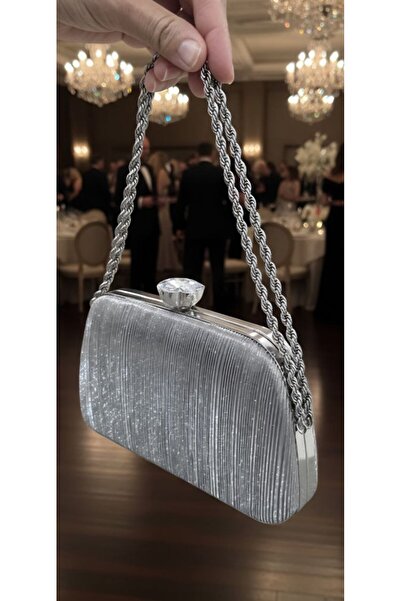 ÇANTAM GELSİN Γυναικεία Ασημένια Κρυστάλλινη Μεγάλη Πέτρα Βραδινή Τσάντα Φόρε...