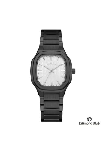 Diamond Blue ساعة دايموند بلو رجالية، سور أسود وصحن أبيض منقوش، تناسب أصحاب الذوق الرفيع.
