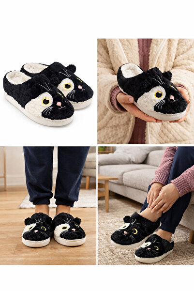 meko aksesuar Kışlık Kadın Peluş Ev Terliği Kedi Figürlü Yumuşak İç Tabanlı K...