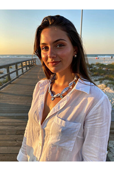 ayoljewelry Charm Detaylı Mavi Beyaz Fular Kolye