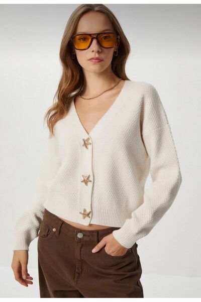 charme butik سترة نسائية منسوجة ناعمة بأزرار على شكل نجم البحر باللون الذهبي