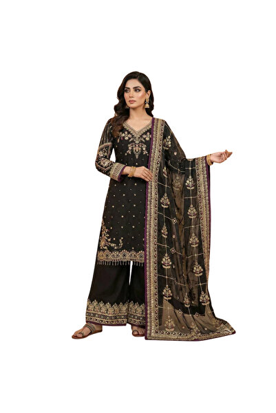 MYSMAR طقم أسود مكون من بلوزة بالازو وبنطال وشال - HRT5959 | أسود