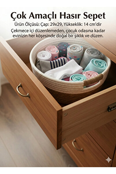 sever ithalat Dekoratif İki Renkli Hasır Örme Sepet Kulplu Çok Amaçlı Düzenleyici (3 Boy Seçeneği - Tekli Satış )