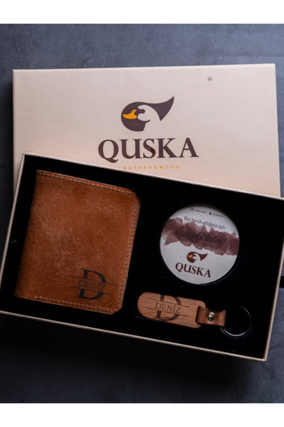 Quska Kişiye Özel İsimli El Yapımı Hakiki Deri Kiremit Cüzdan+Anahtarlık Hedi...