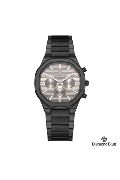 Diamond Blue ساعة دايموند بلو بسور أسود وصحن رمادي، بتصميم ميناء مخطط يبرز قوة التفاصيل.