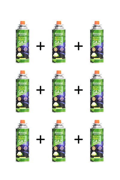 Orcamp 227 g Uzun Tip Gaz Kartuşu 9’lu Set | Bütan-Propan Karışım (EN 521 Uyu...