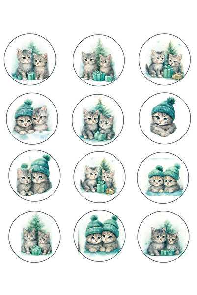 Nice events Kedili Sticker seti 6 cm çapında 12’li