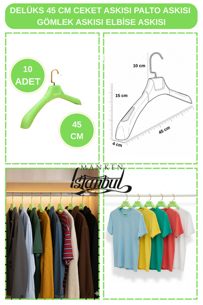 Manken İstanbul 10 bucăți verde 45 cm umeraș pentru haine de producție specială, umeraș pentru haine, umeraș pentru rochii, umeraș pentru cămăși