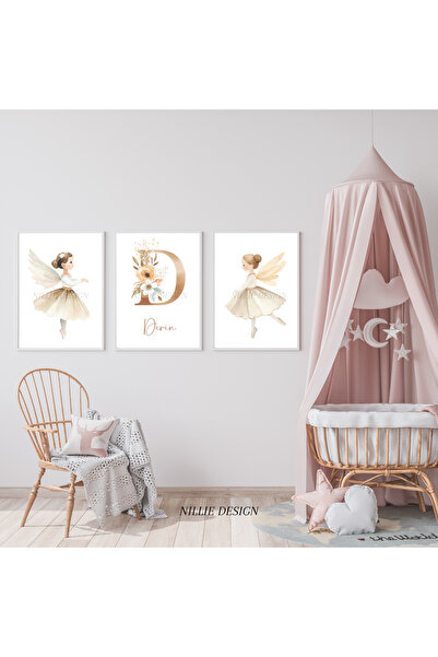 NILLIE DESIGN Bej Peri Kızları 3'lü İsimli Tablo, Doğal Ahşap Çerçeveli Bebek...