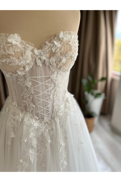 ABAD.HANDMADE Önü çarpraz plise detaylı helen gelinlik