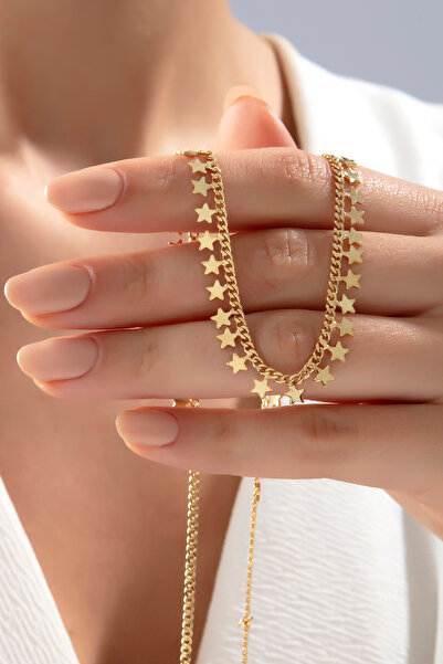 SARIASLAN Yıldız Pullu Gurmet Zincirli Gümüş Kolye 14 Ayar Altın Rengi