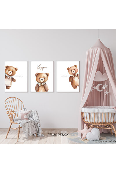 NILLIE DESIGN Kahverengi Ayıcıklı 3'lü İsimli Tablo, Doğal Ahşap Çerçeveli Be...