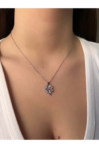 MODA Yonca Tasarımlı Pembe Taşlı Çelik Kolye