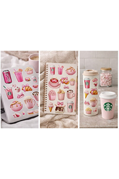 Limitless Design Pembe Kahve & Tatlı Estetik Sticker Seti 22x30 cm – Pink Aes...