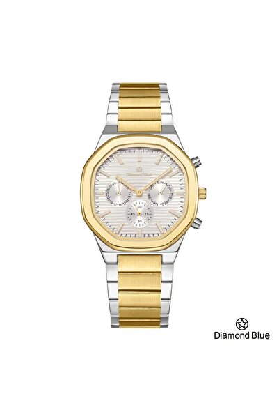 Diamond Blue ساعة دايموند بلو رجالية، سور فضي وذهبي وصحن أبيض، فخامة بلا حدود.