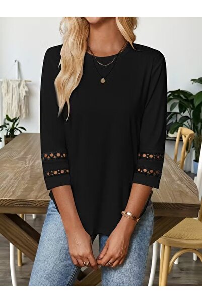 JANES بلوزة نسائية بأكمام طويلة وياقة دائرية وأكمام ثلاثة أرباع من الفسكوز